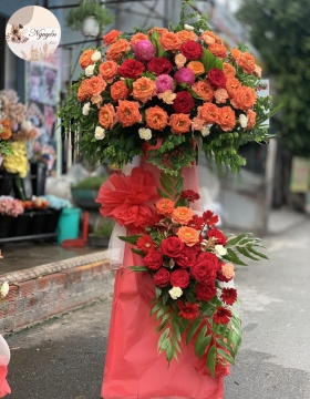 lẵng hoa chúc mừng  2 tầng tone đỏ,cam hồng ngoại