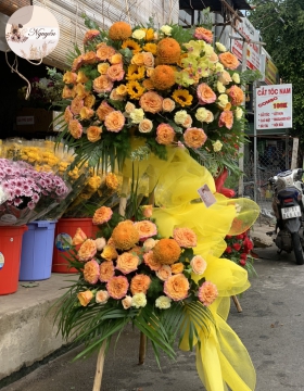 lẵng hoa khai trương 2 tầng tone cam