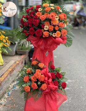 lẵng hoa khai trương 2 tầng đỏ,cam