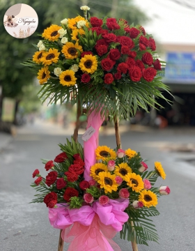 lẵng hoa khai trương 2 tầng ĐỎ,VÀNG