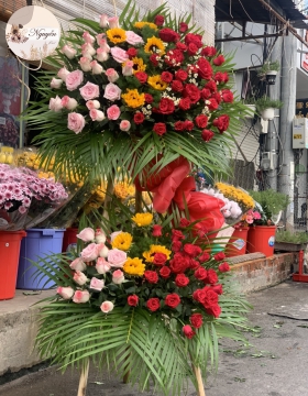 lẵng hoa khai trương 2 tầng tone hồng,đỏ