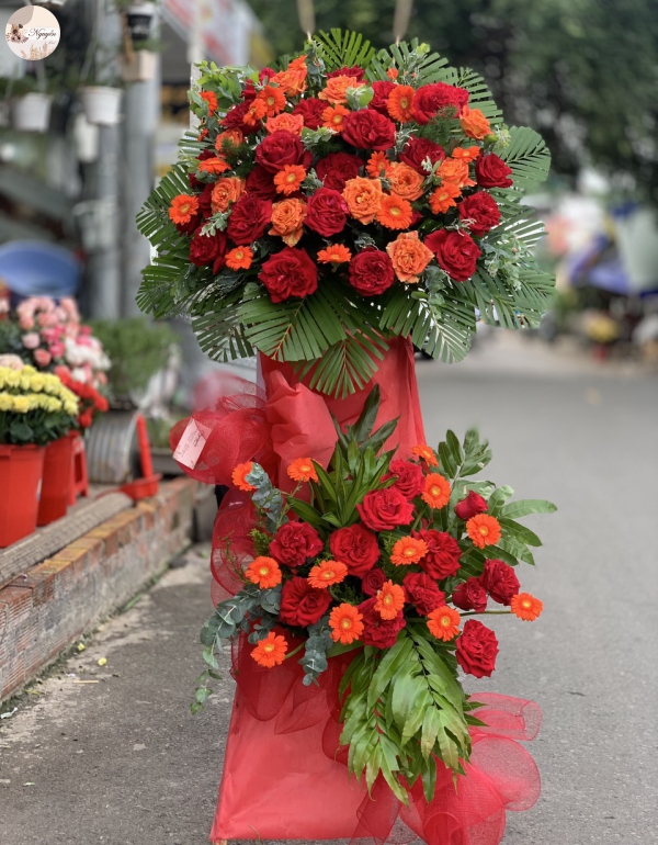 lẵng hoa khai trương 2 tầng hồng đỏ  ohara